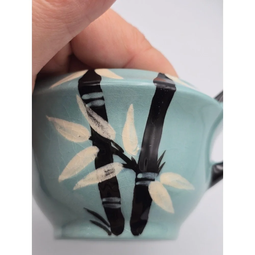 Weil Ware Bamboo Creamer Sugar Bowl Set Blue Turquoise MCM Fair Crazing